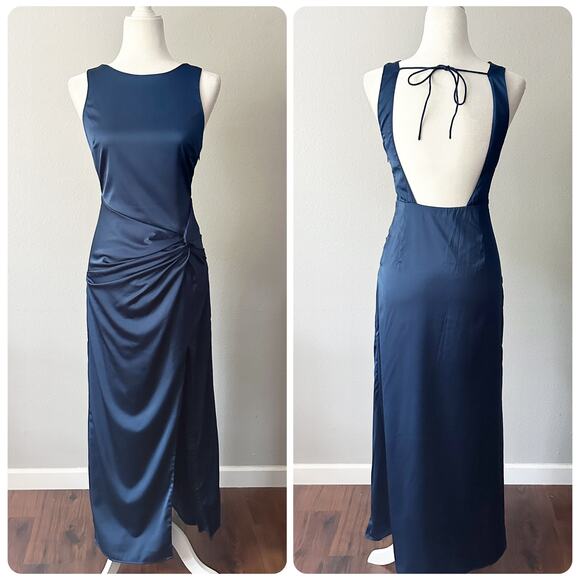 Abercrombie & Fitch Navy Satin Sleeveless Ruched Formal Dress Women's Size Small - Picture 1 of 14